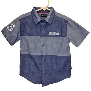 Nautica Boys 4T Blue Chambray Colorblock Short Sleeve Collared Button-Up Shirt